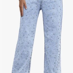 Stylish Light Blue Embellished Flare Jeans